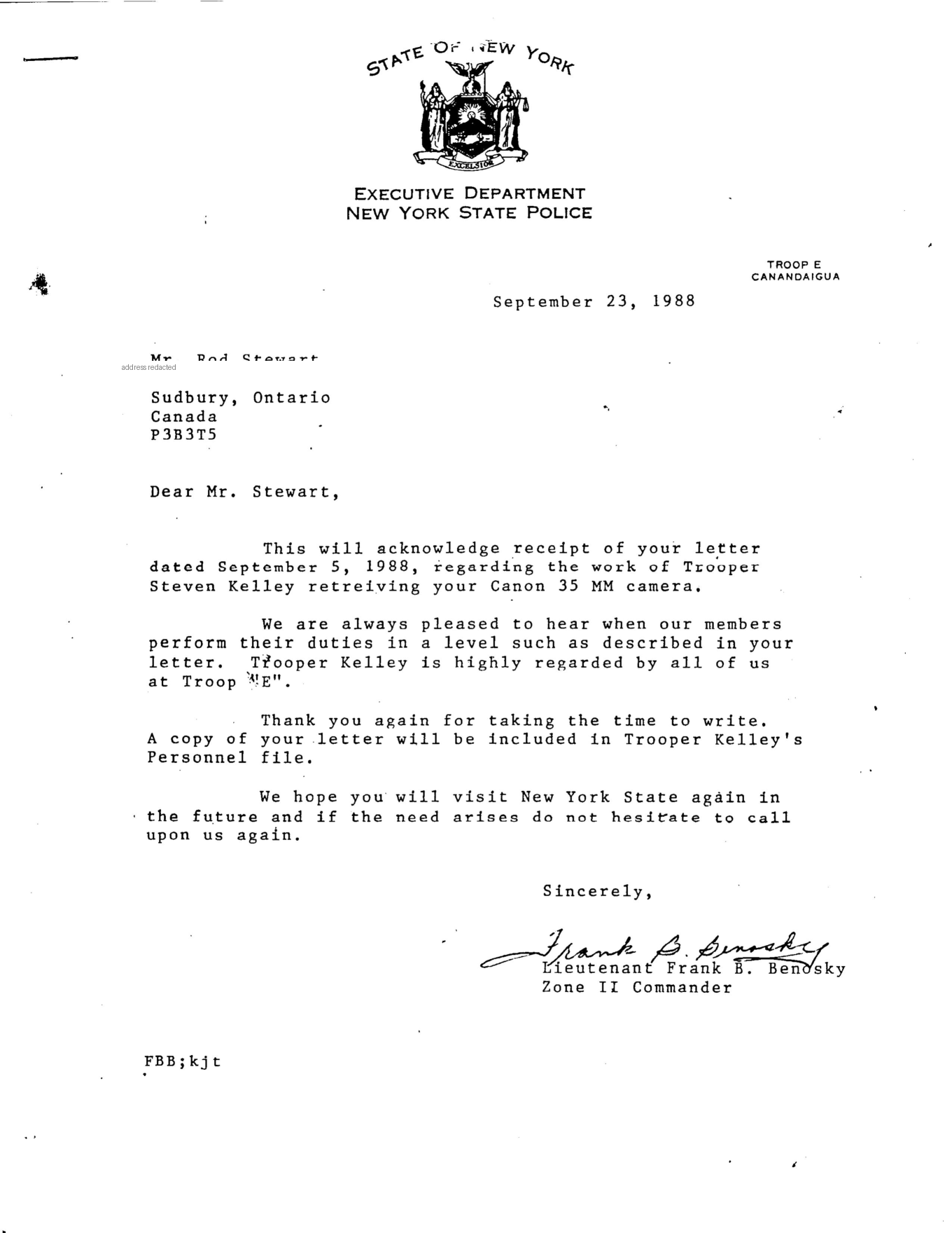 September 23, 1988 NYSP acknowledgment of camera recovery