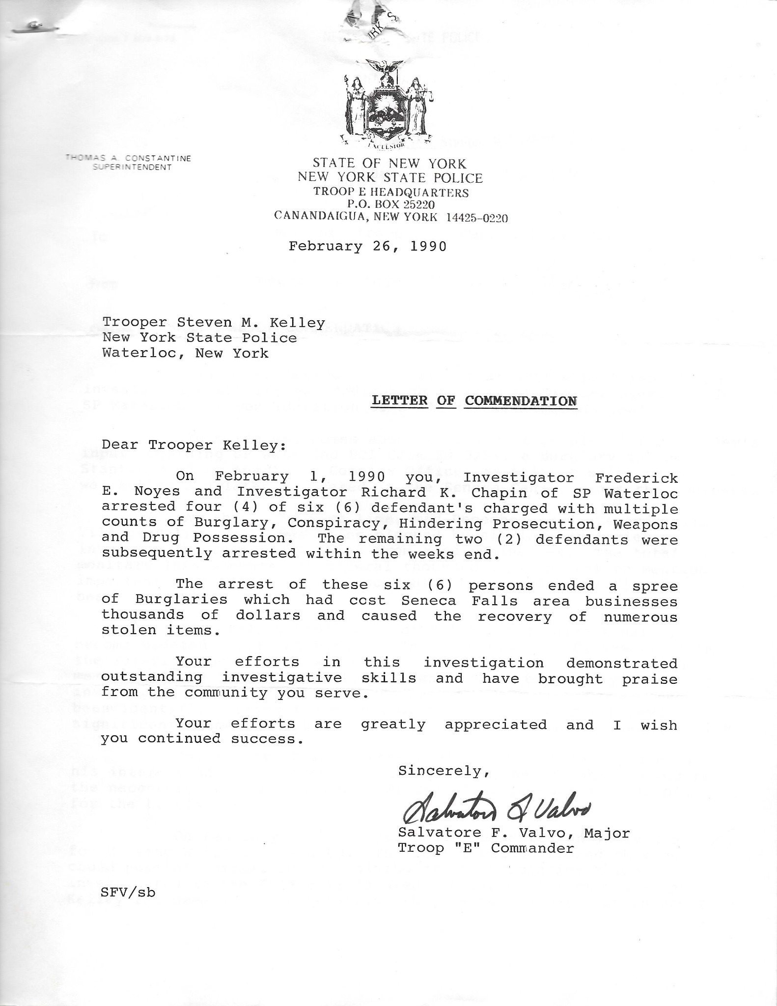 February 26, 1990 New York State Police Letter of Commendation to Trooper Steven M. Kelley