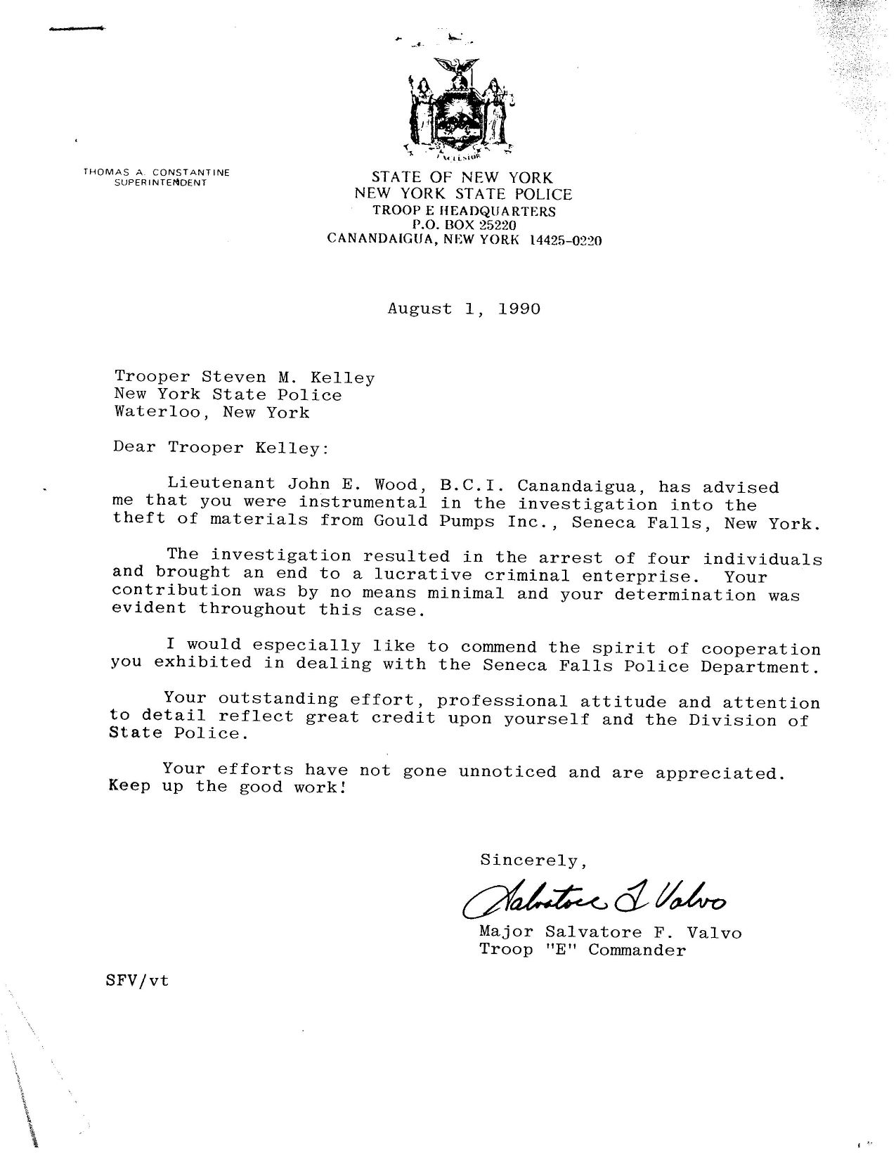 1990 New York State Police commendation regarding the Gould Pumps theft investigation