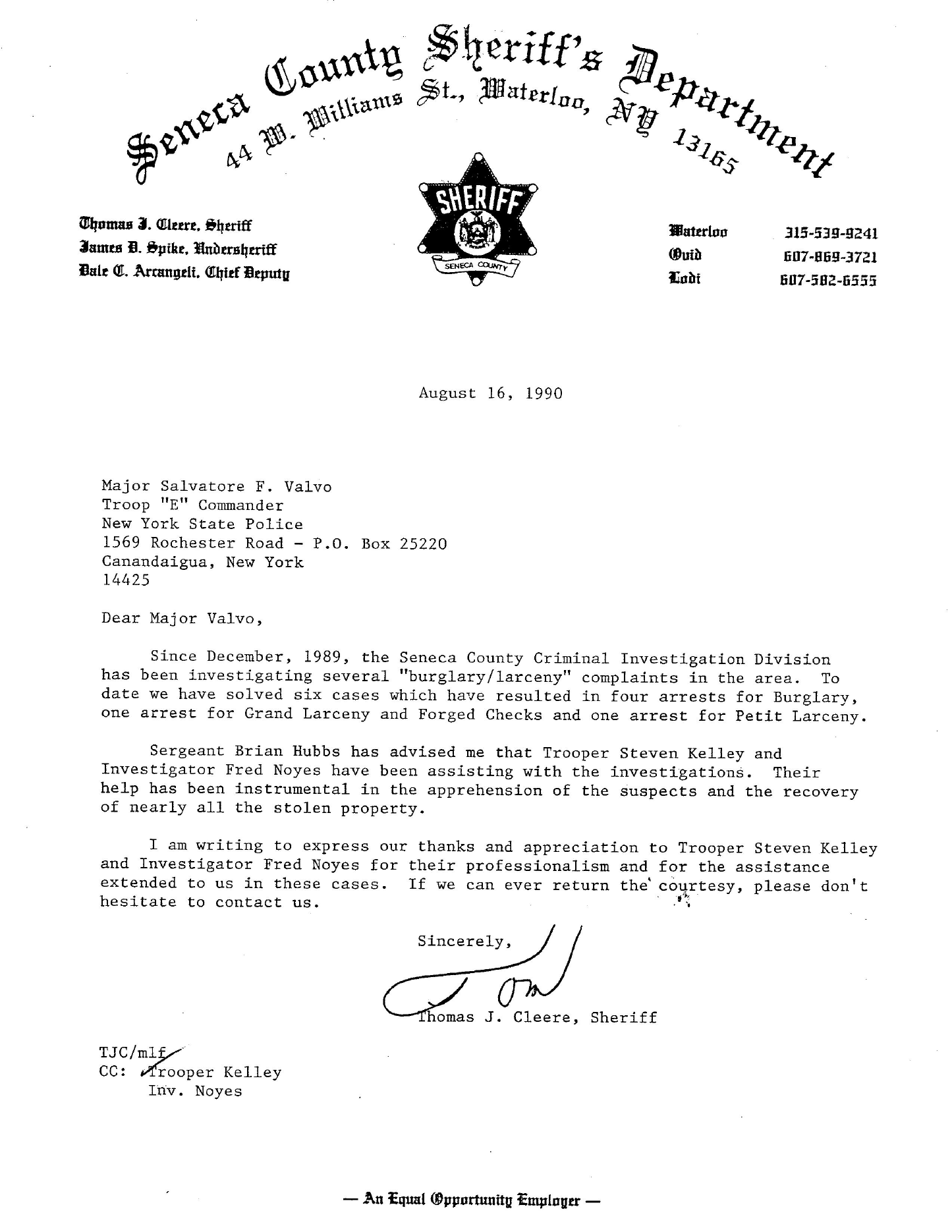 1990 letter from the Seneca County Sheriff's Department recognizing Trooper Steven Kelley and Investigator Fred Noyes