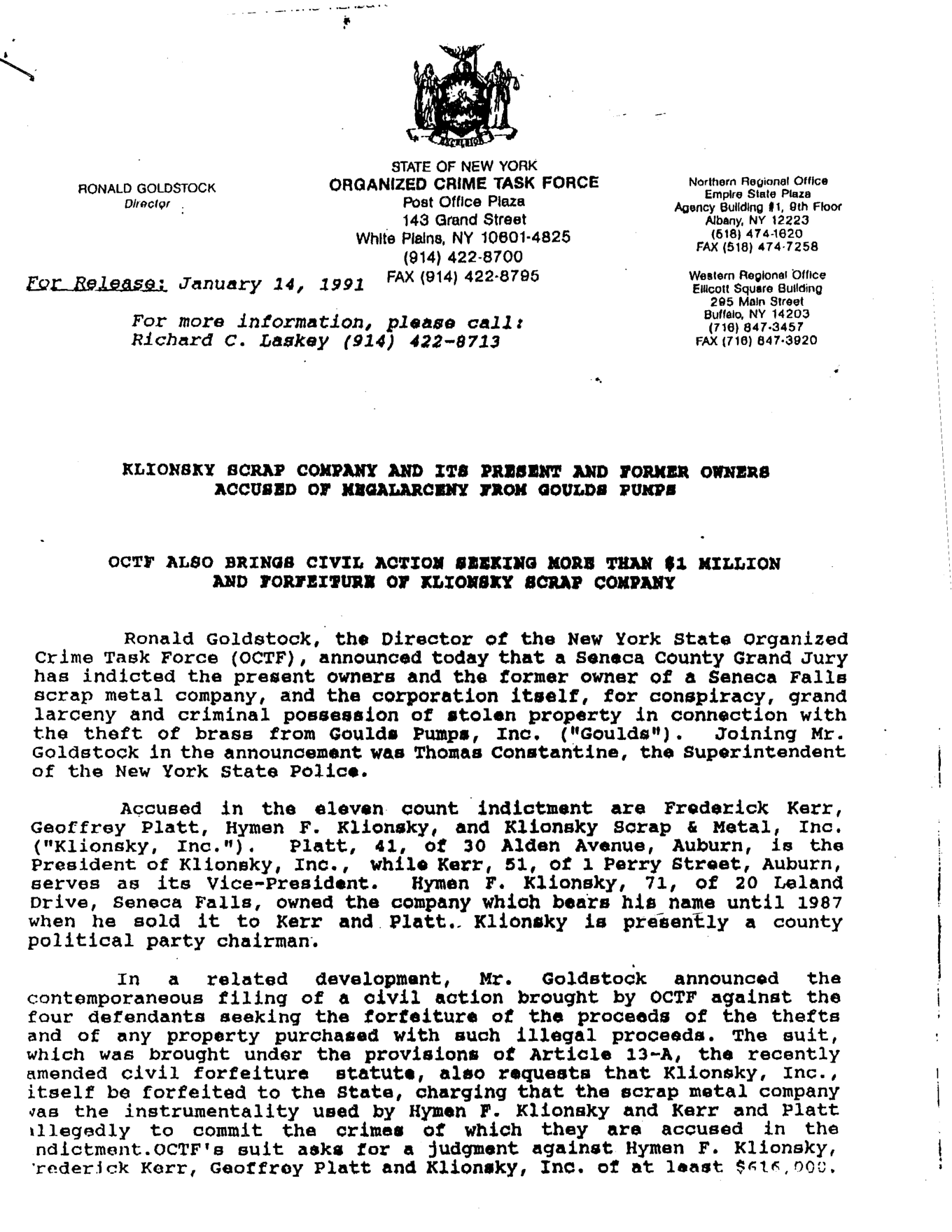 January 14, 1991 New York State Organized Crime Task Force press release
