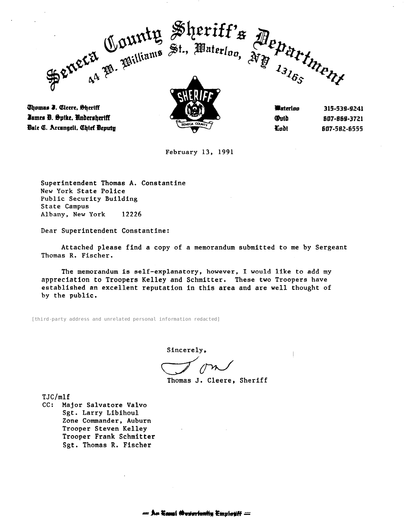 February 13, 1991 Seneca County Sheriff recognition