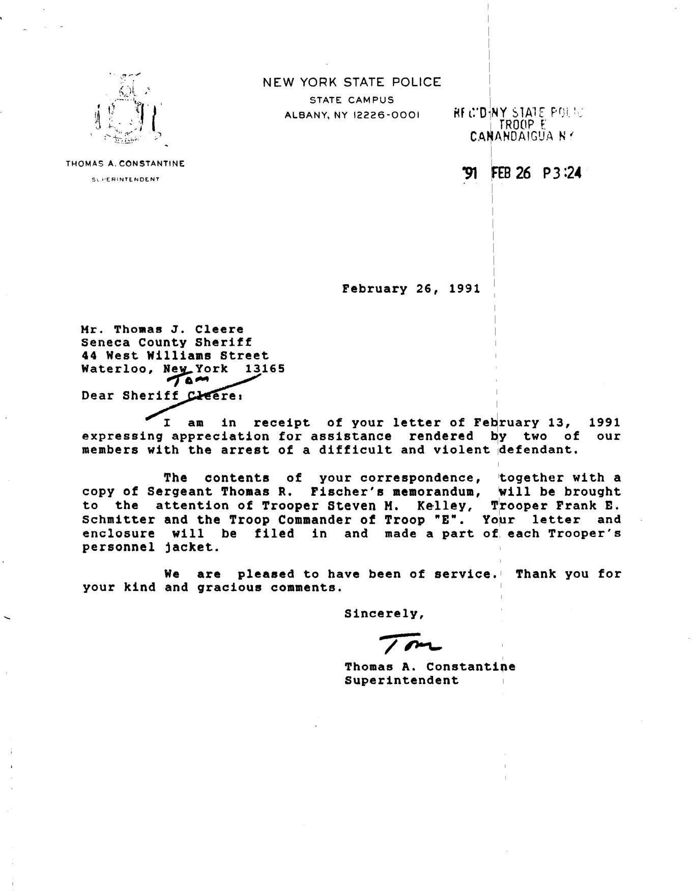 February 26, 1991 NYSP Superintendent acknowledgment