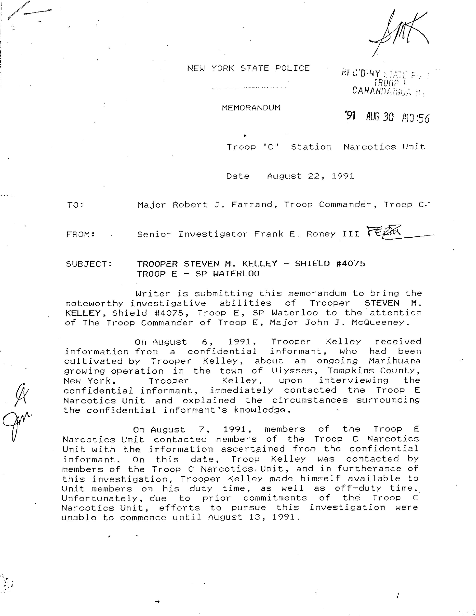 Page 1 of 1991 New York State Police memorandum recognizing Trooper Steven M. Kelley for narcotics investigative work