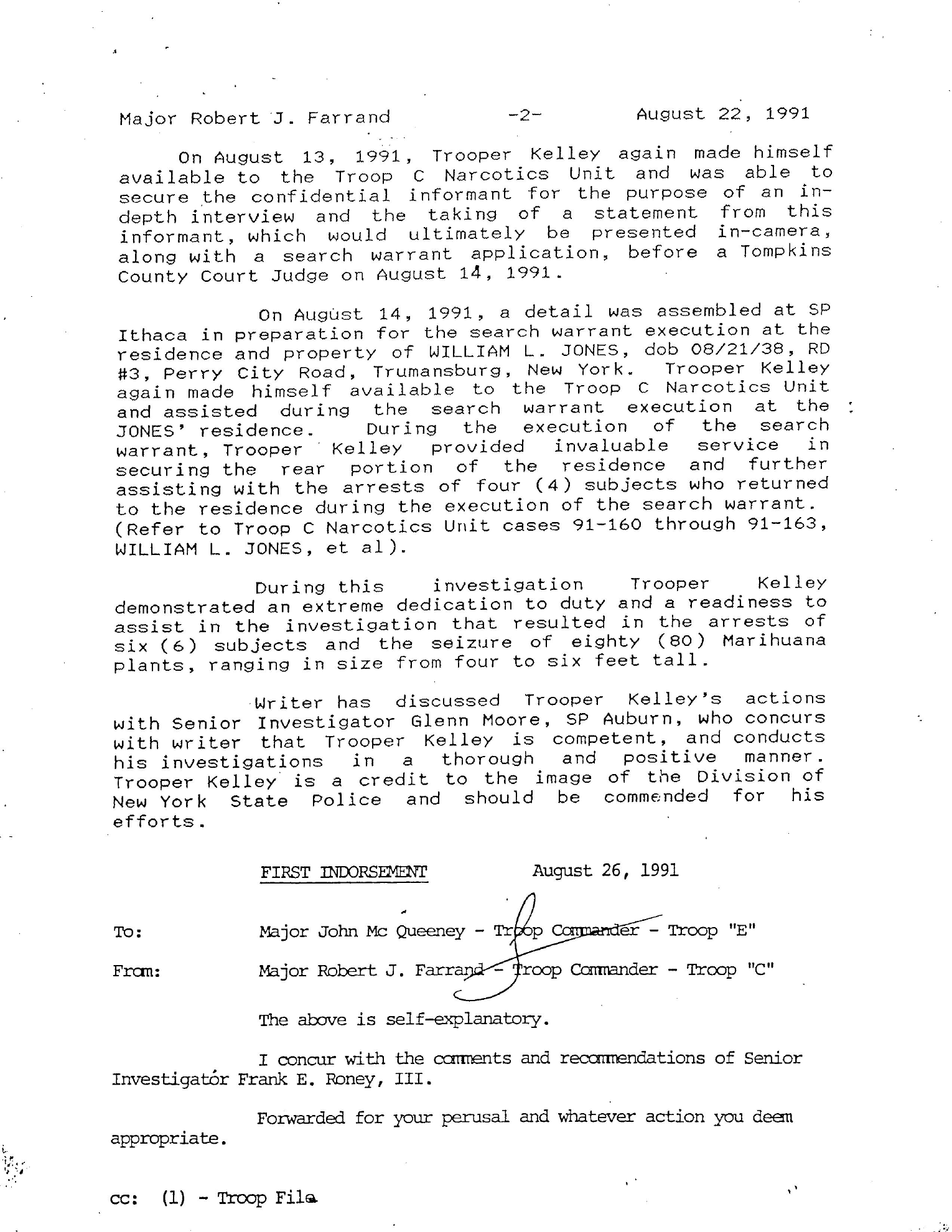 Page 2 of 1991 New York State Police memorandum recognizing Trooper Steven M. Kelley for narcotics investigative work