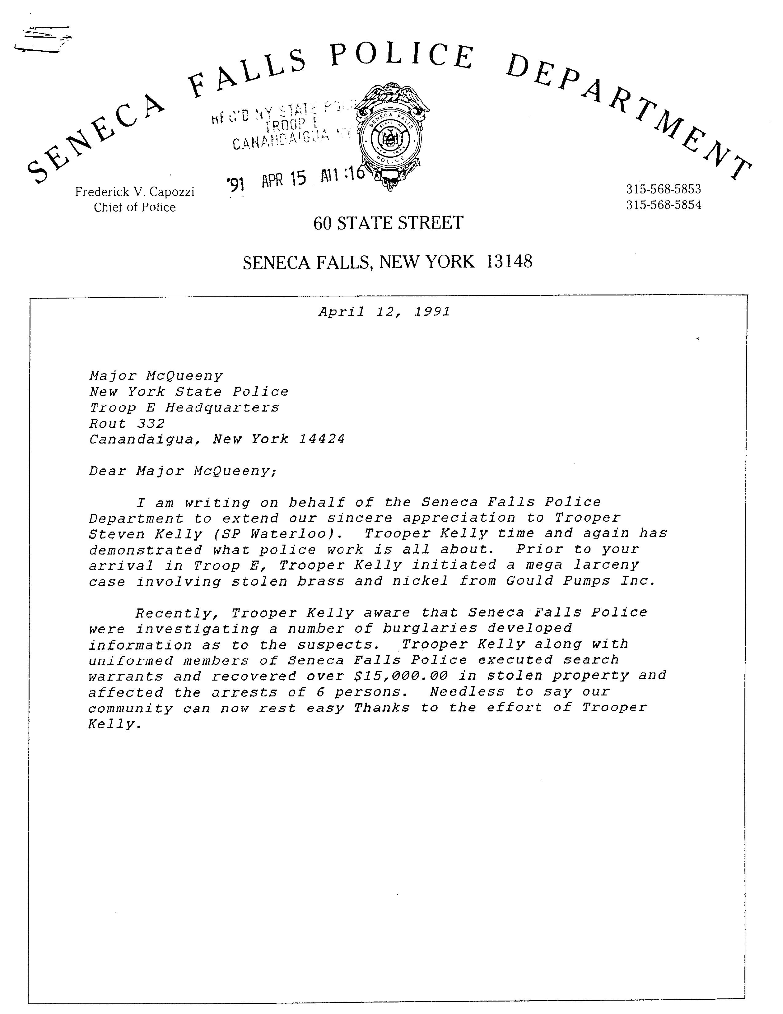 Page 1 of April 12, 1991 Seneca Falls Police Department recognition letter