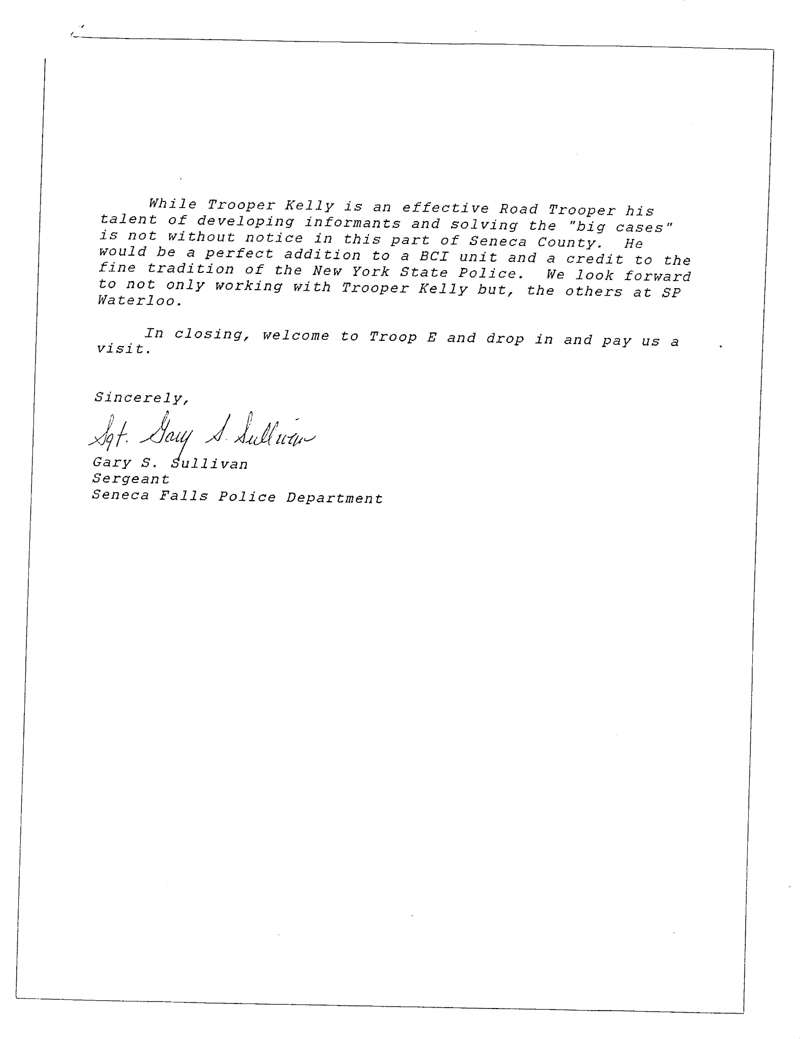 Page 2 of April 12, 1991 Seneca Falls Police Department recognition letter