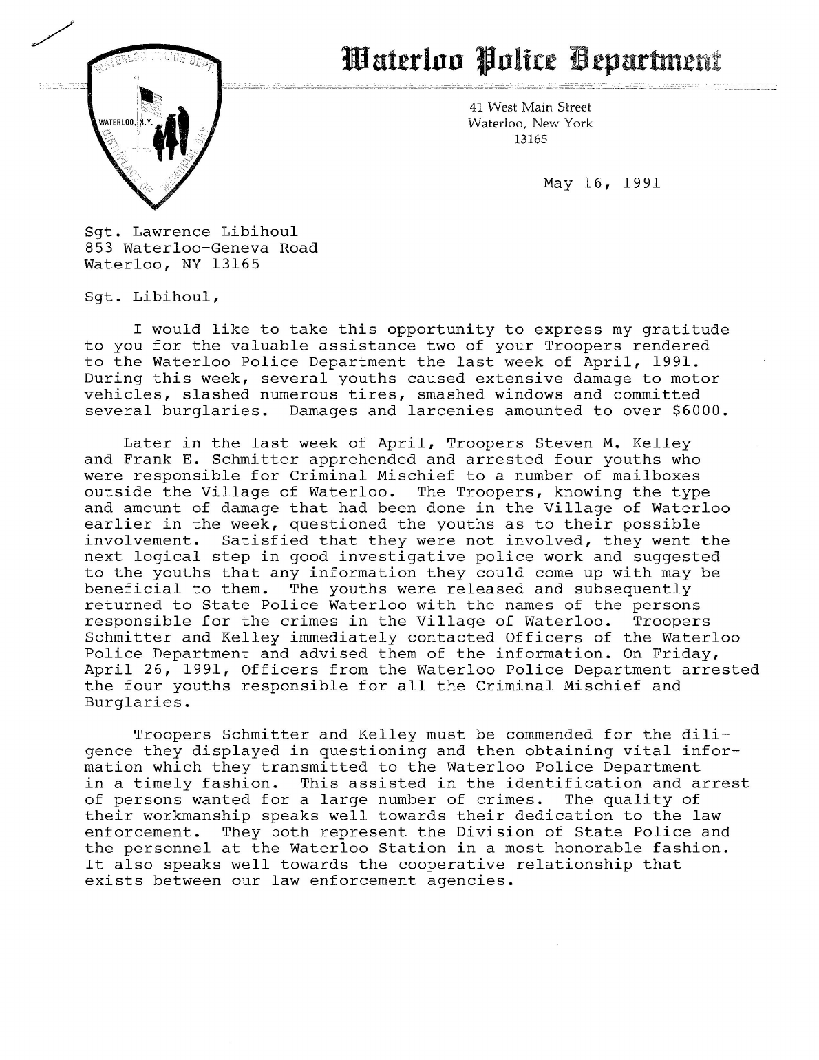 1991 Waterloo Police Department letter commending Troopers Steven M. Kelley and Frank E. Schmitter