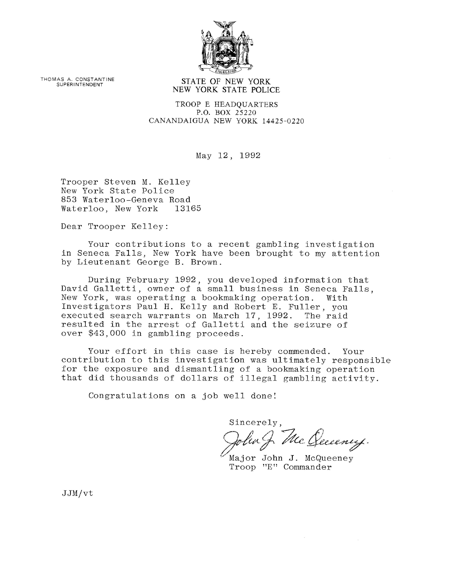 1992 New York State Police commendation for a Seneca Falls gambling investigation