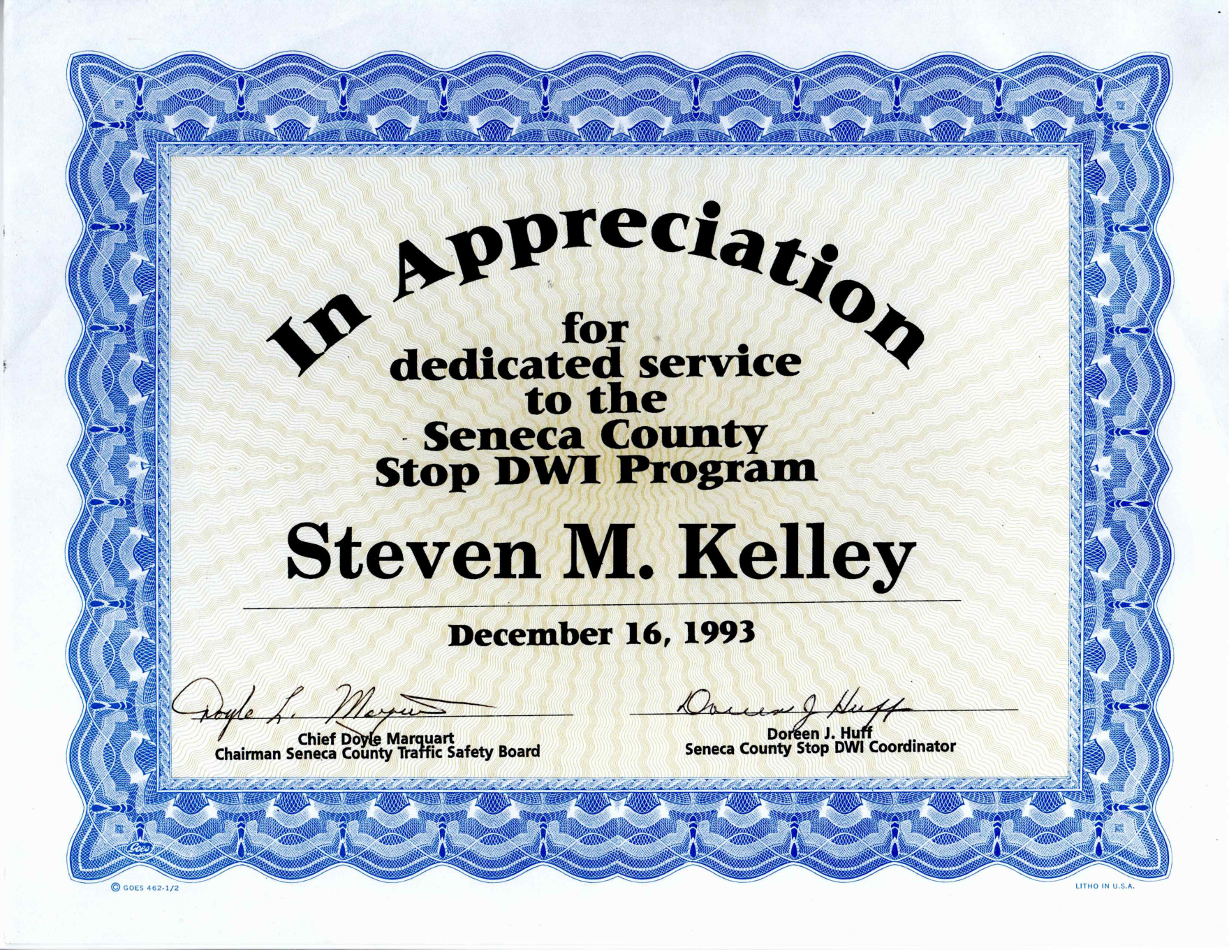 Second STOP-DWI Certificate of Appreciation