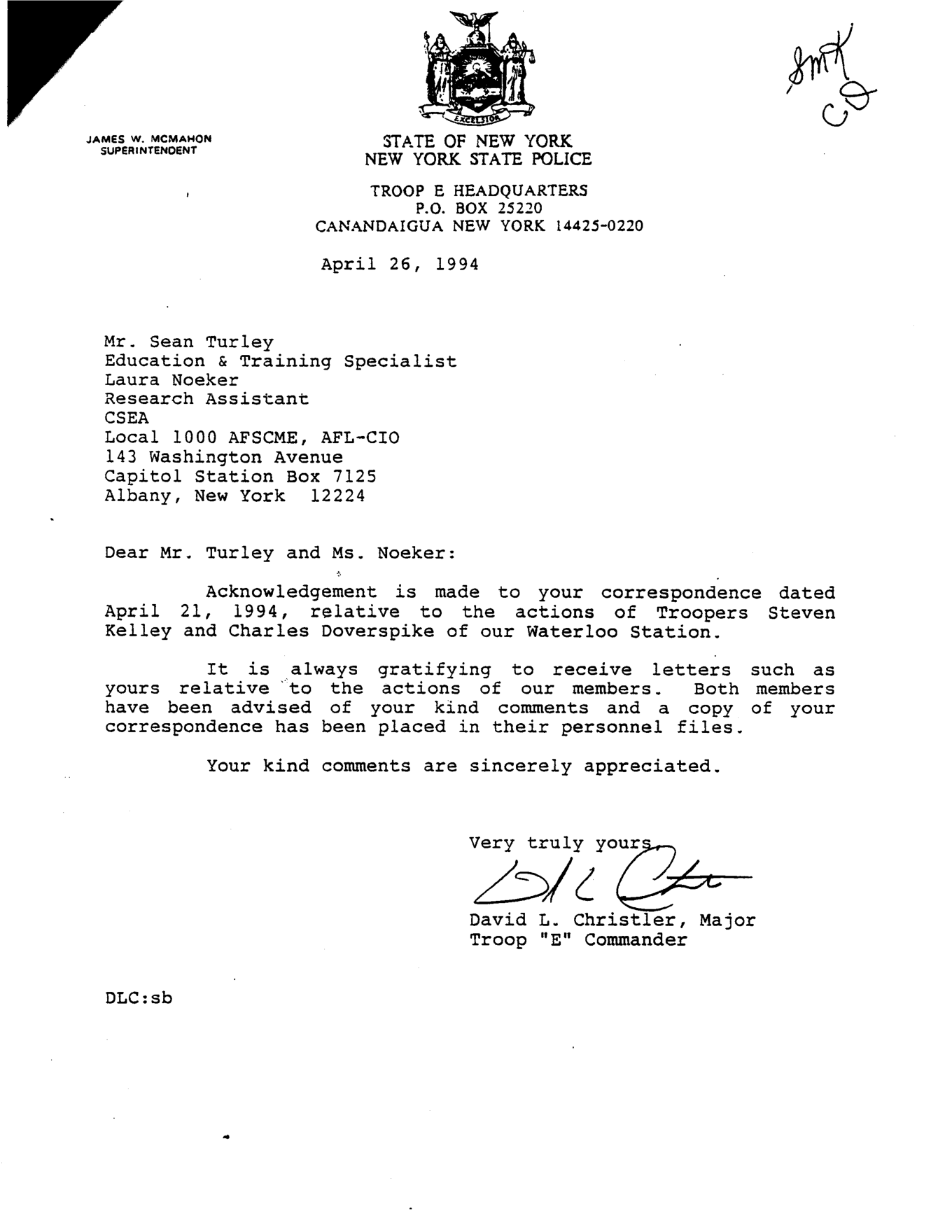 April 26, 1994 NYSP acknowledgment of CSEA public-service praise