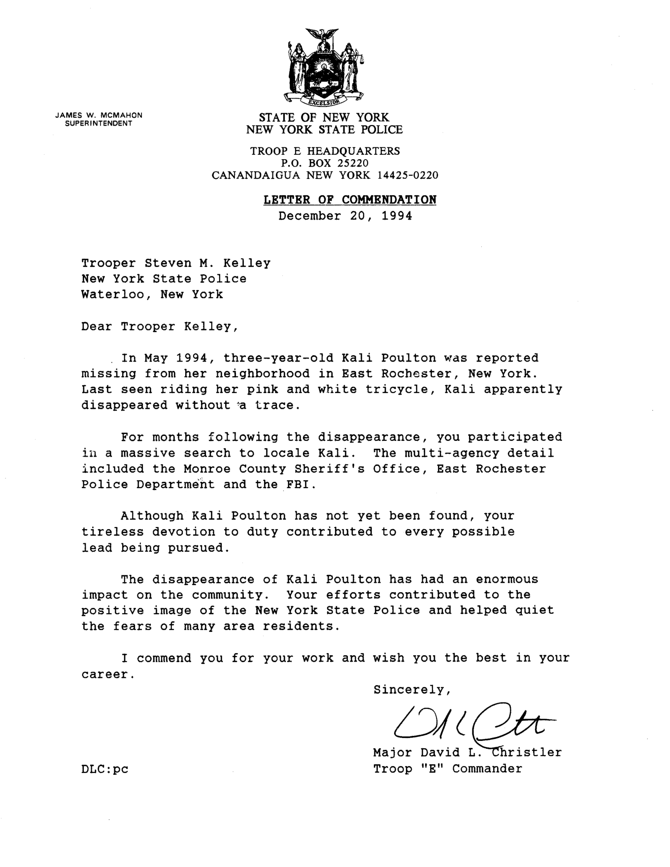 December 20, 1994 NYSP Kali Poulton commendation