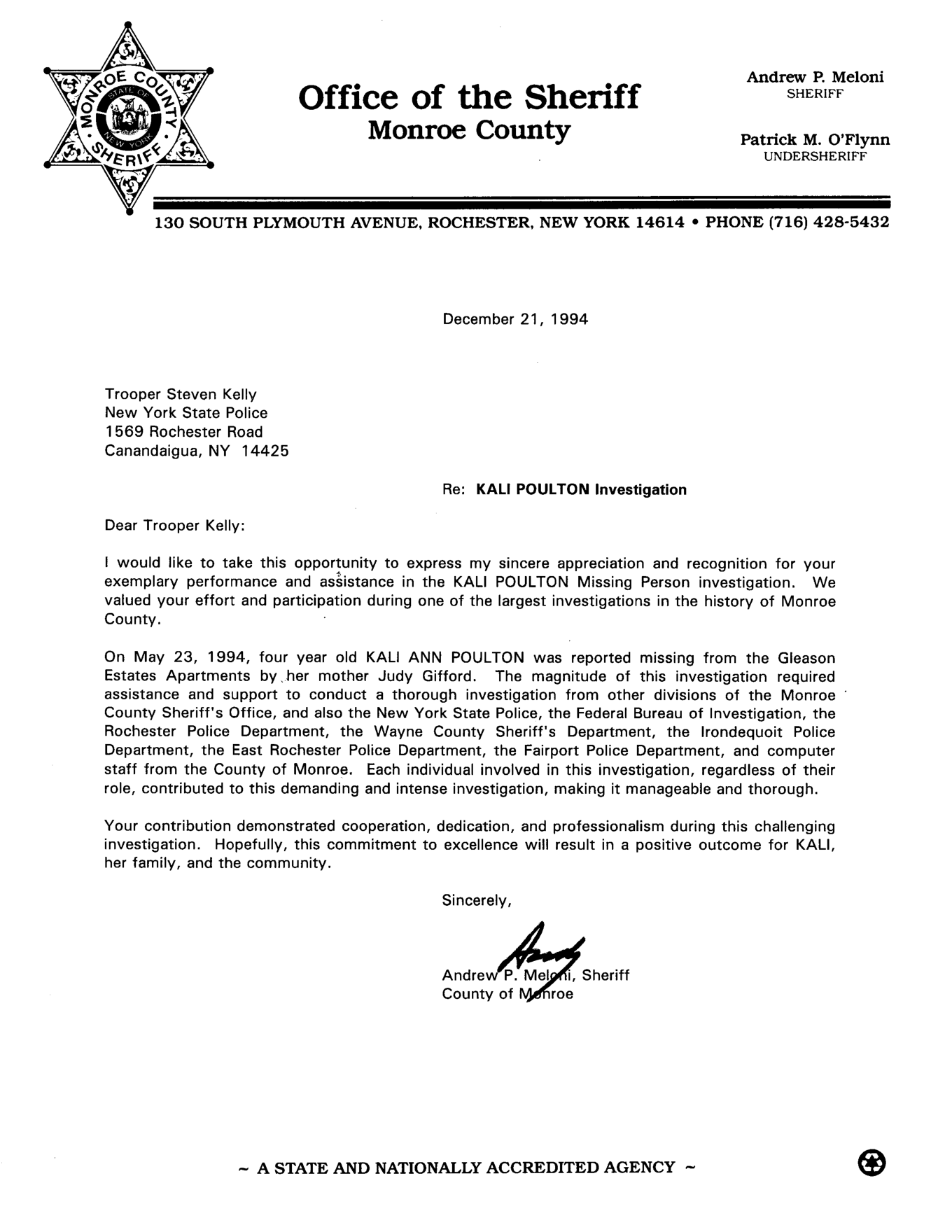 December 21, 1994 Monroe County Sheriff Kali Poulton recognition