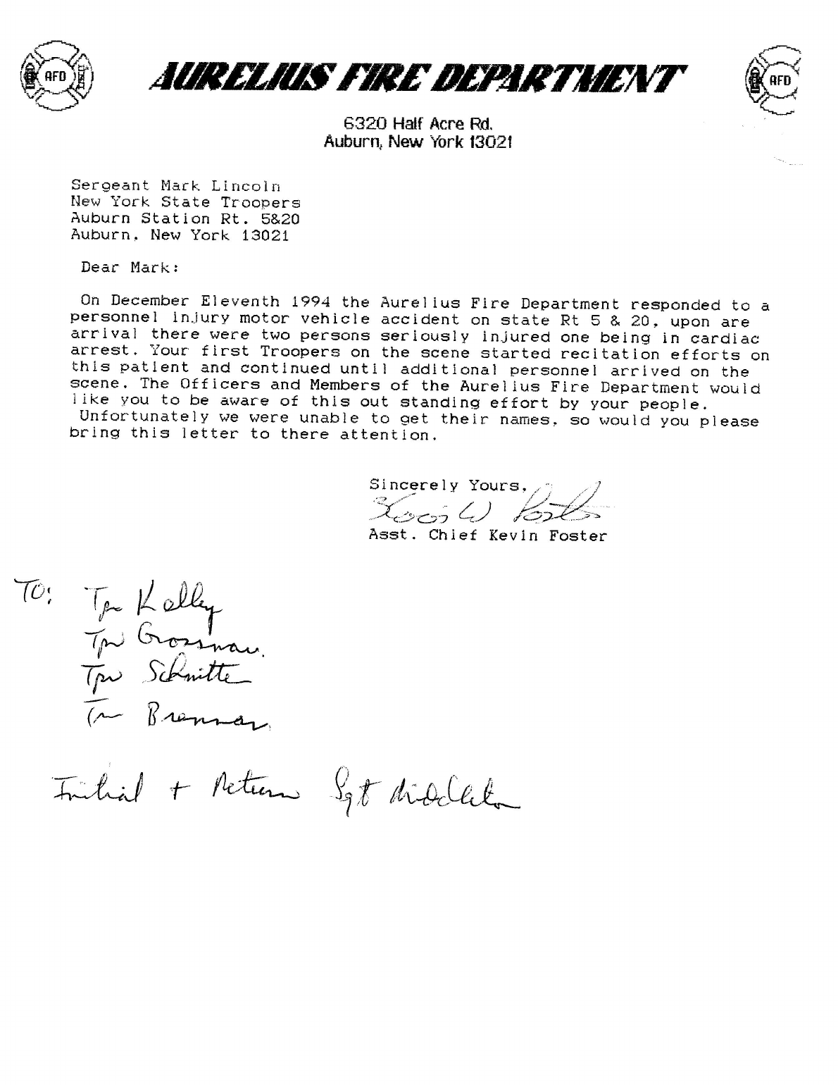 1994 Aurelius Fire Department letter recognizing State Police emergency response at a serious motor vehicle crash