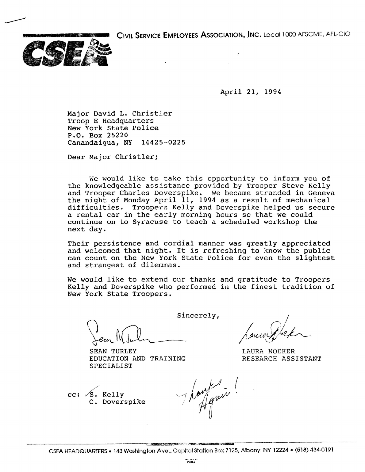 1994 CSEA letter thanking Troopers Steve Kelley and Charles Doverspike for assisting stranded travelers
