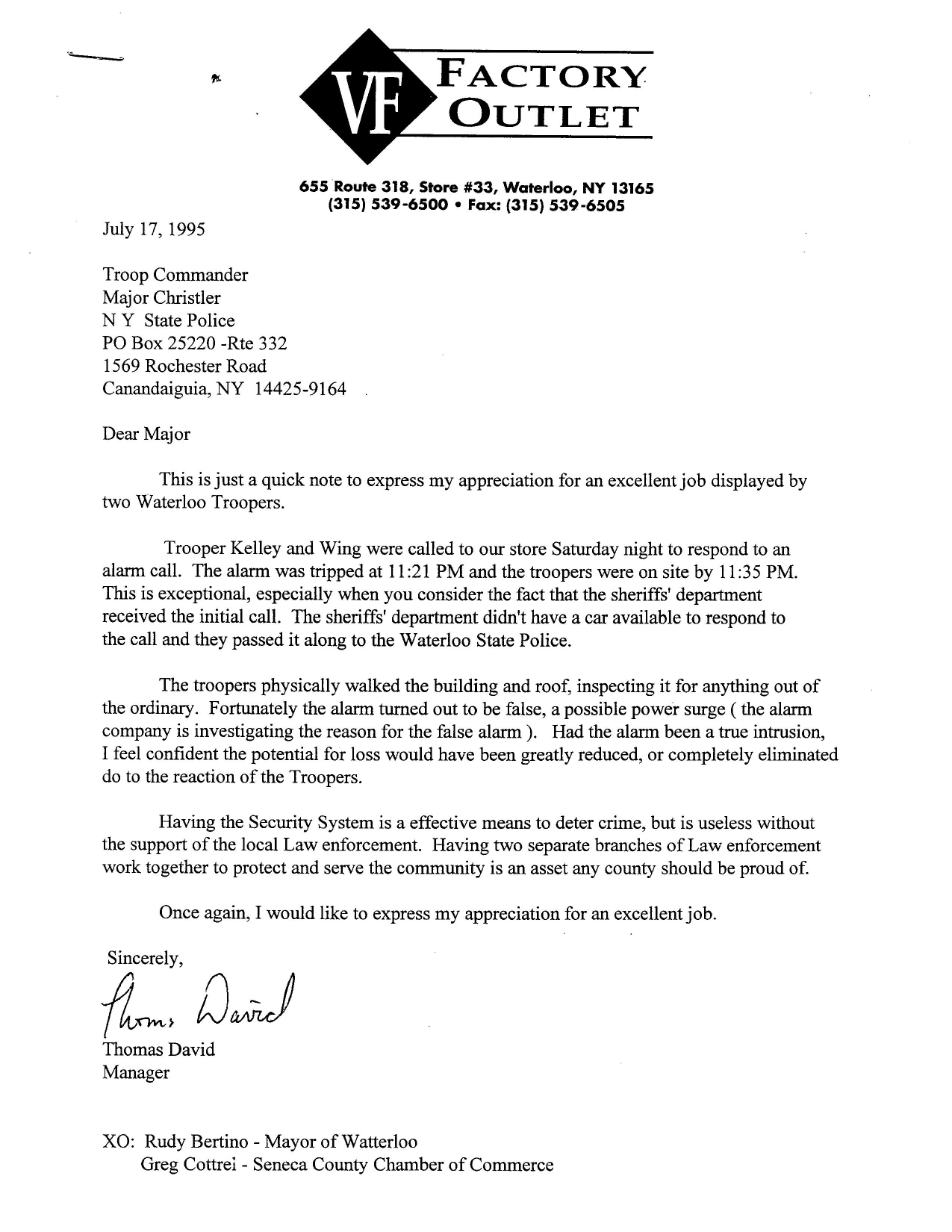 1995 VF Factory Outlet letter praising Trooper Kelley and Trooper Wing for alarm response and building inspection