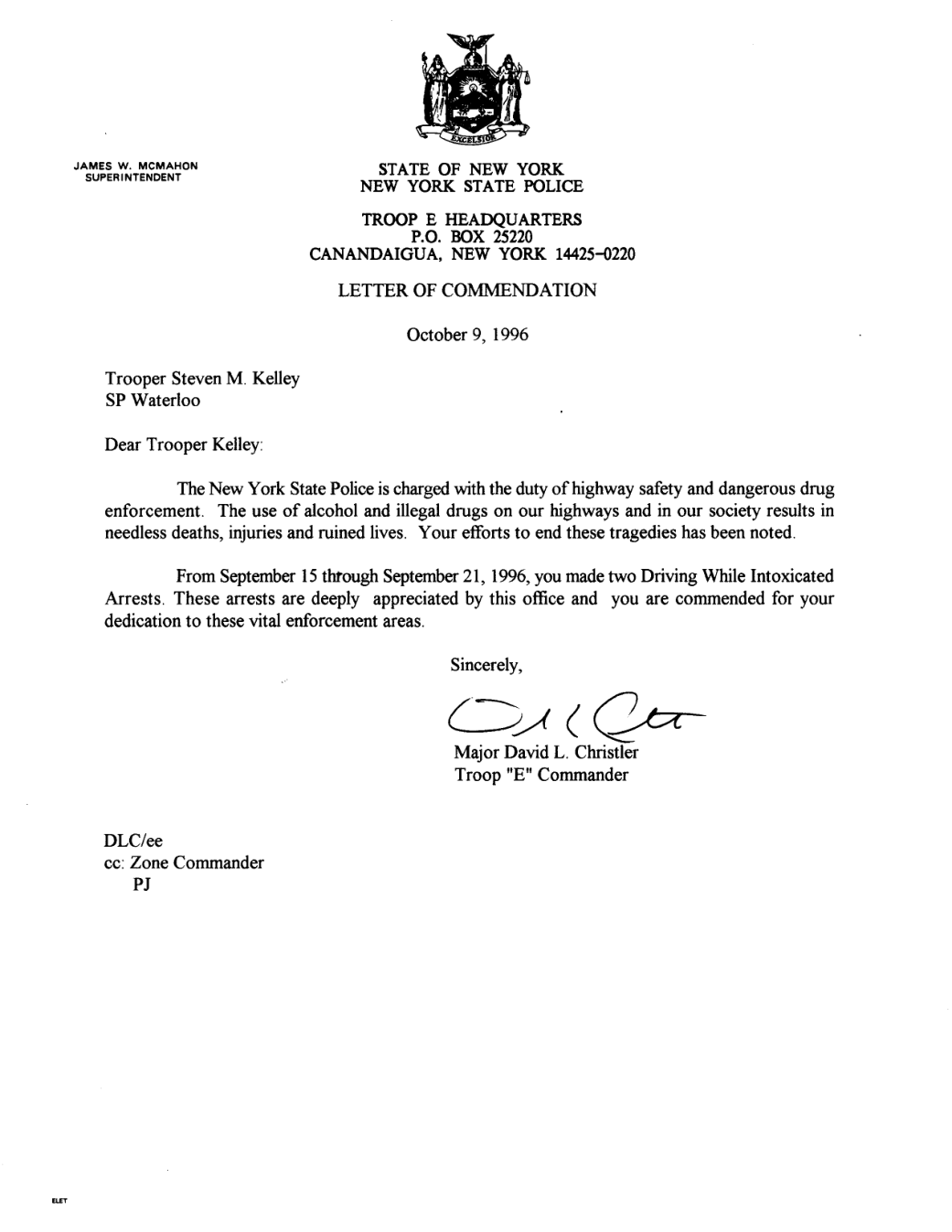 October 9, 1996 NYSP commendation for two DWI arrests