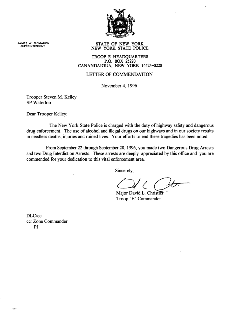 November 4, 1996 NYSP commendation for drug arrests