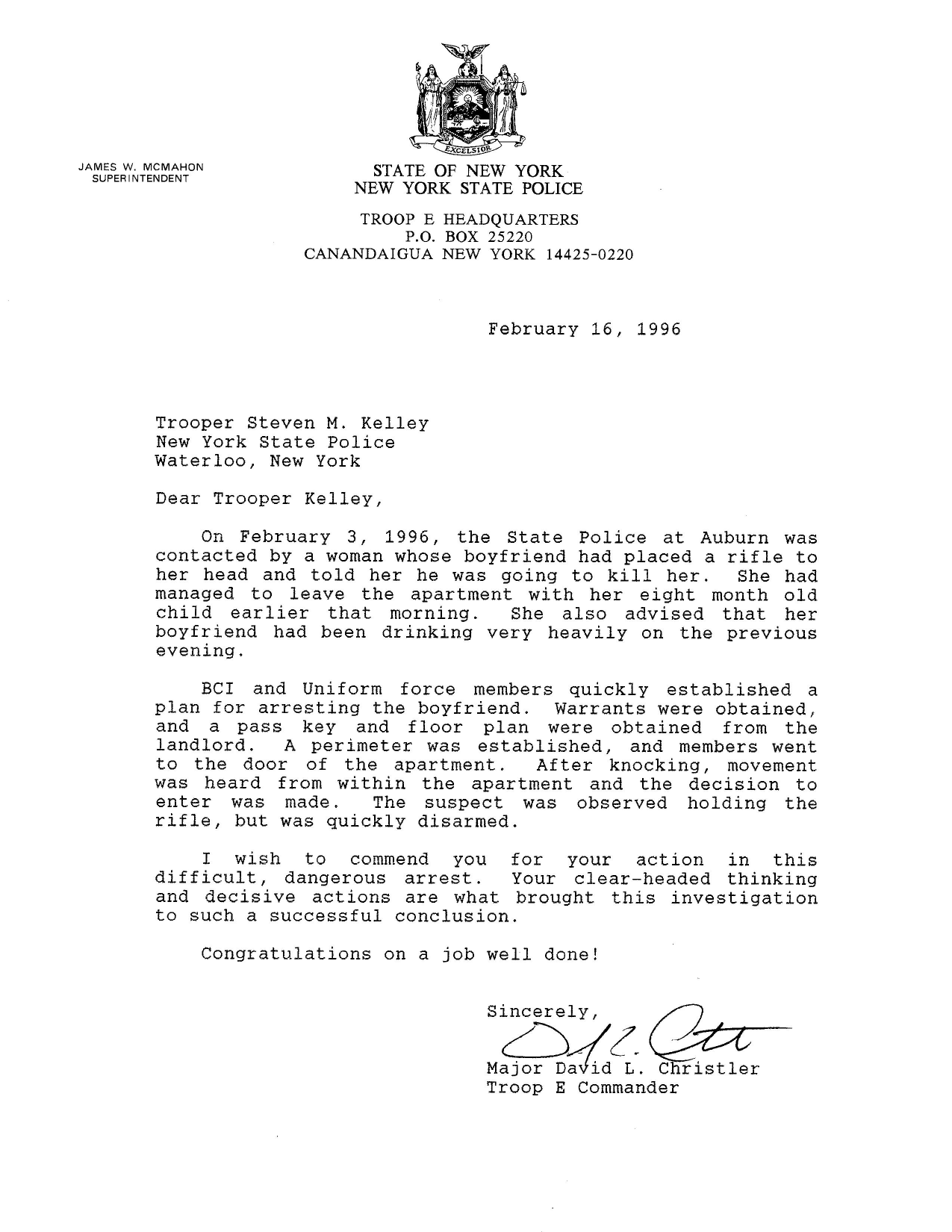 1996 New York State Police commendation for a difficult armed arrest