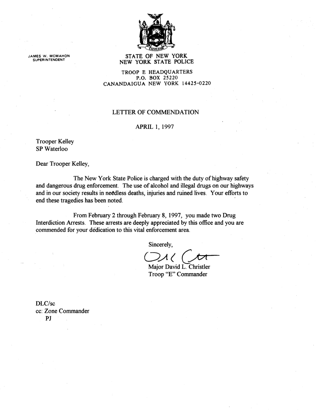 April 1, 1997 NYSP commendation for two drug-interdiction arrests