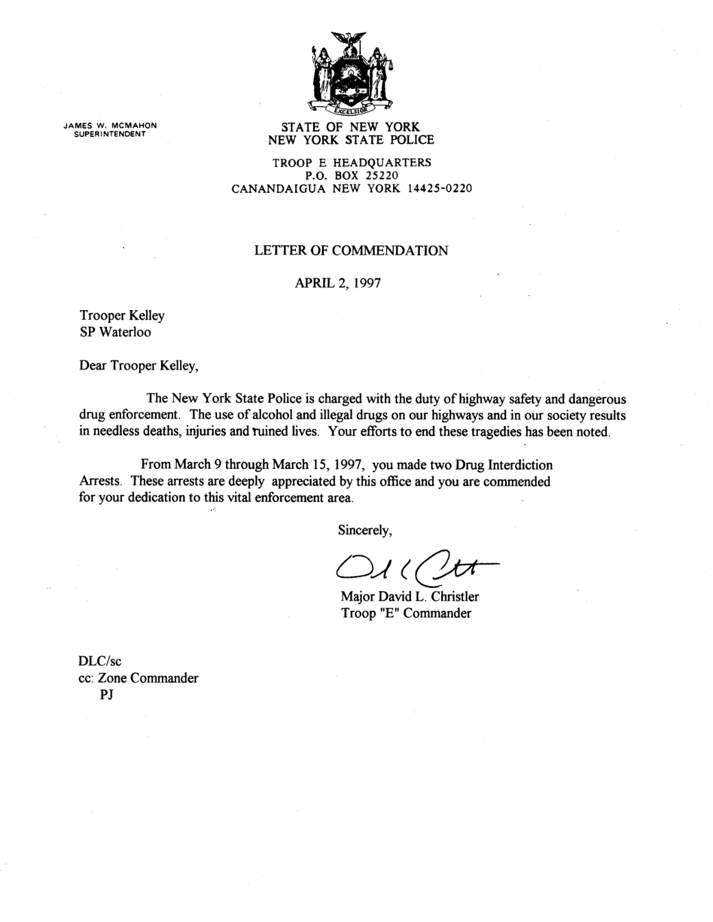 April 2, 1997 NYSP commendation for two drug-interdiction arrests