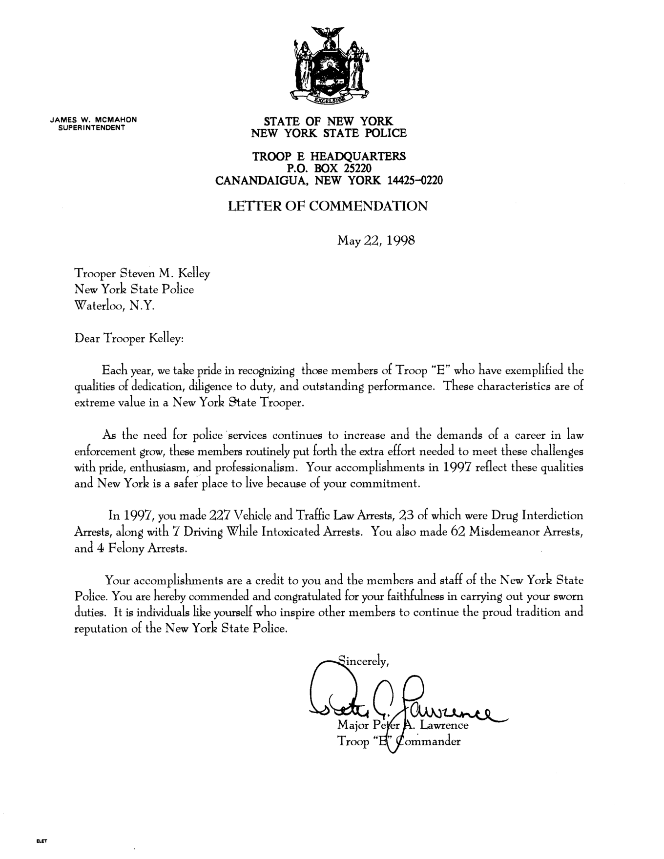 May 22, 1998 1997 performance commendation