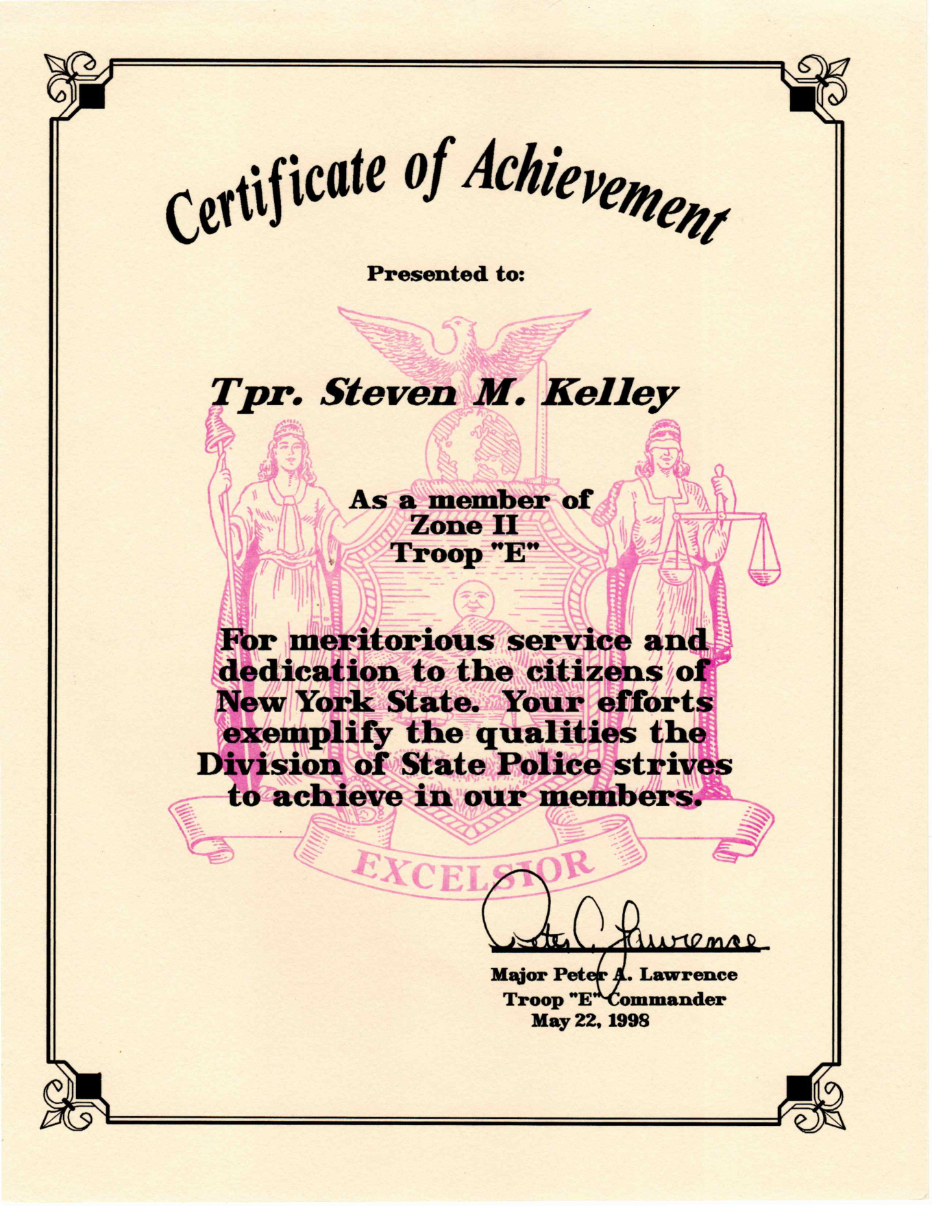 May 22, 1998 Zone II Certificate of Achievement