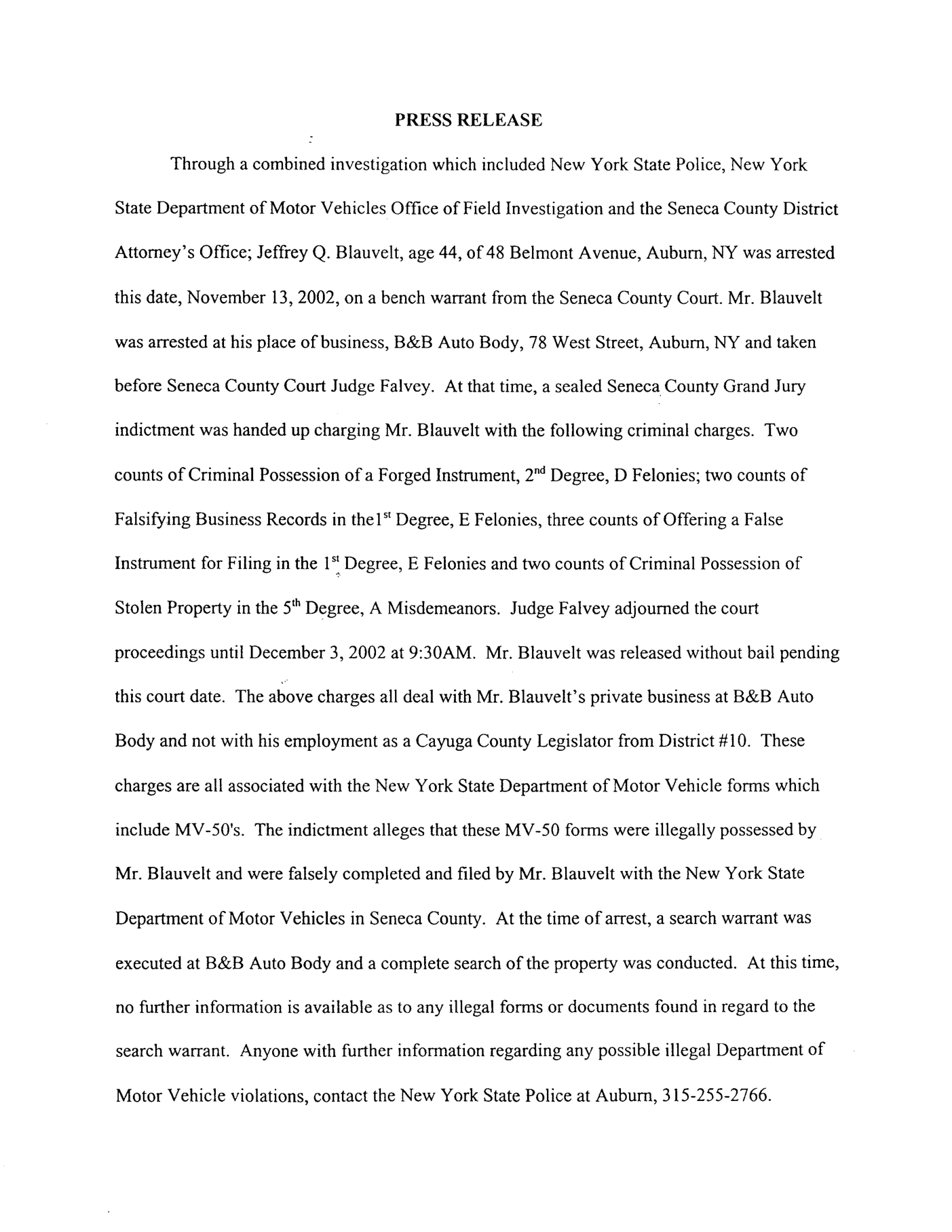 Official Blauvelt press release