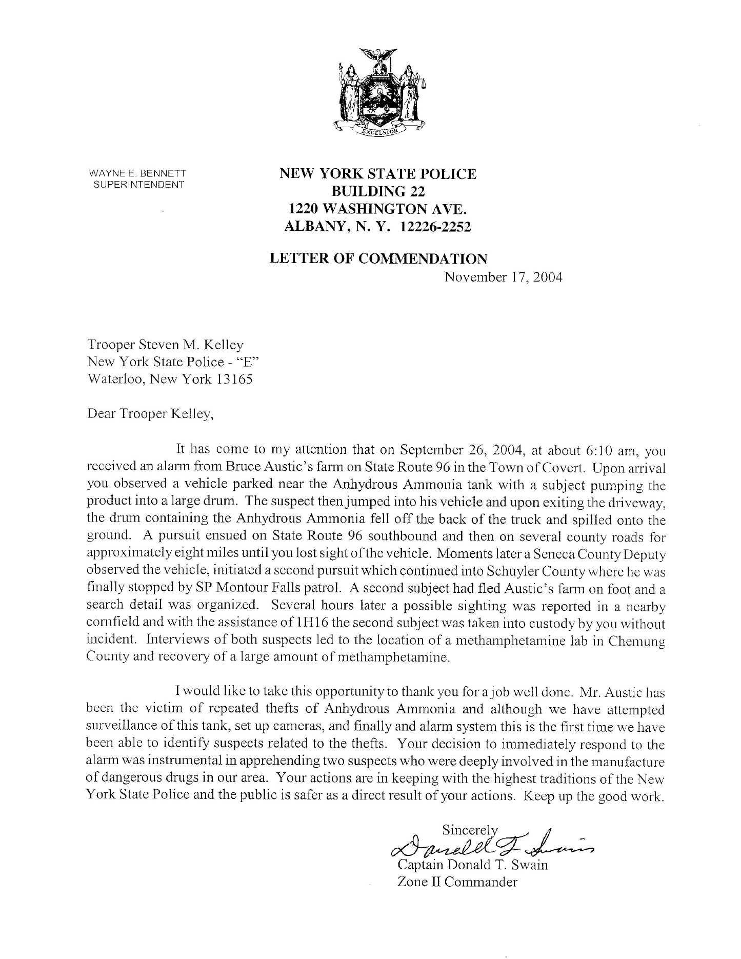 2004 New York State Police Letter of Commendation for response to an anhydrous ammonia theft and related methamphetamine investigation