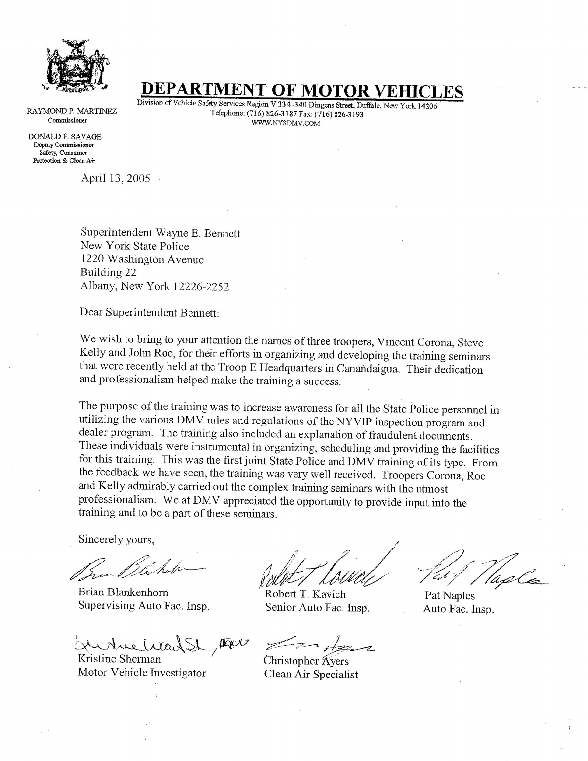 2005 New York State Department of Motor Vehicles letter recognizing Troop E training seminars