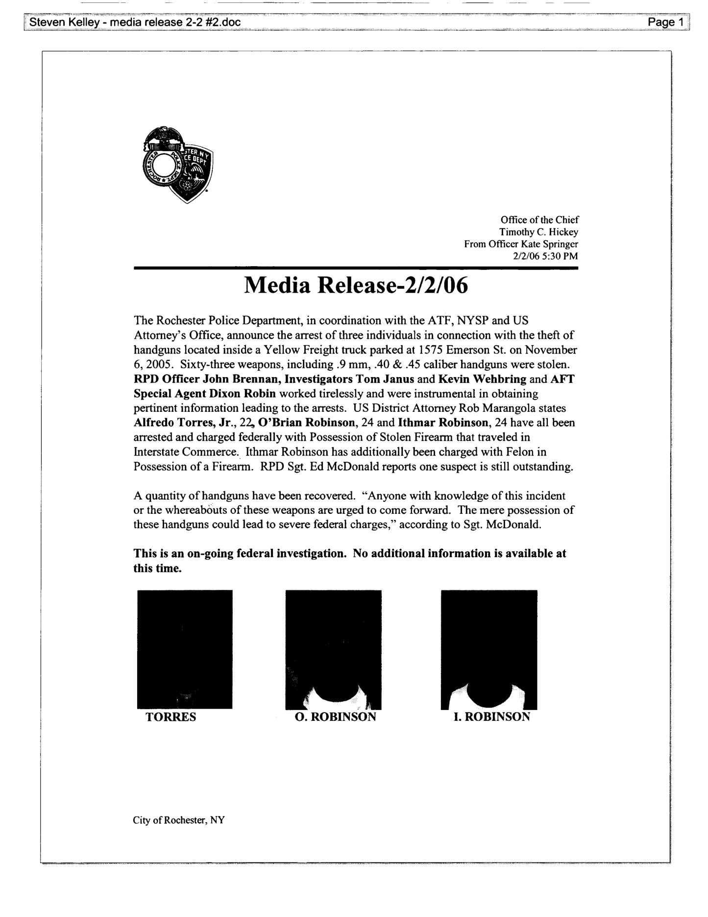 Rochester Police stolen firearms media release