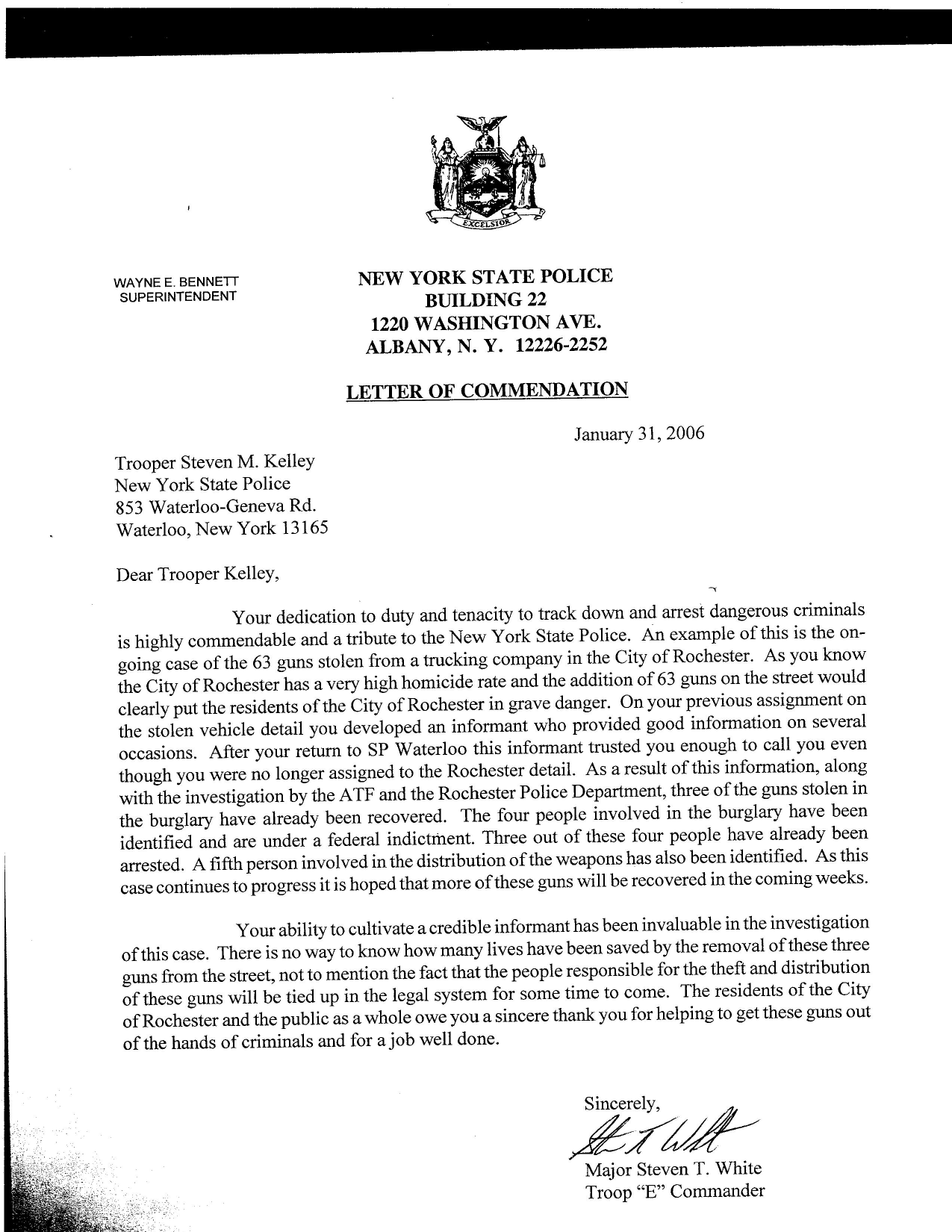 2006 New York State Police Letter of Commendation regarding a Rochester investigation involving 63 stolen firearms and confidential-informant intelligence