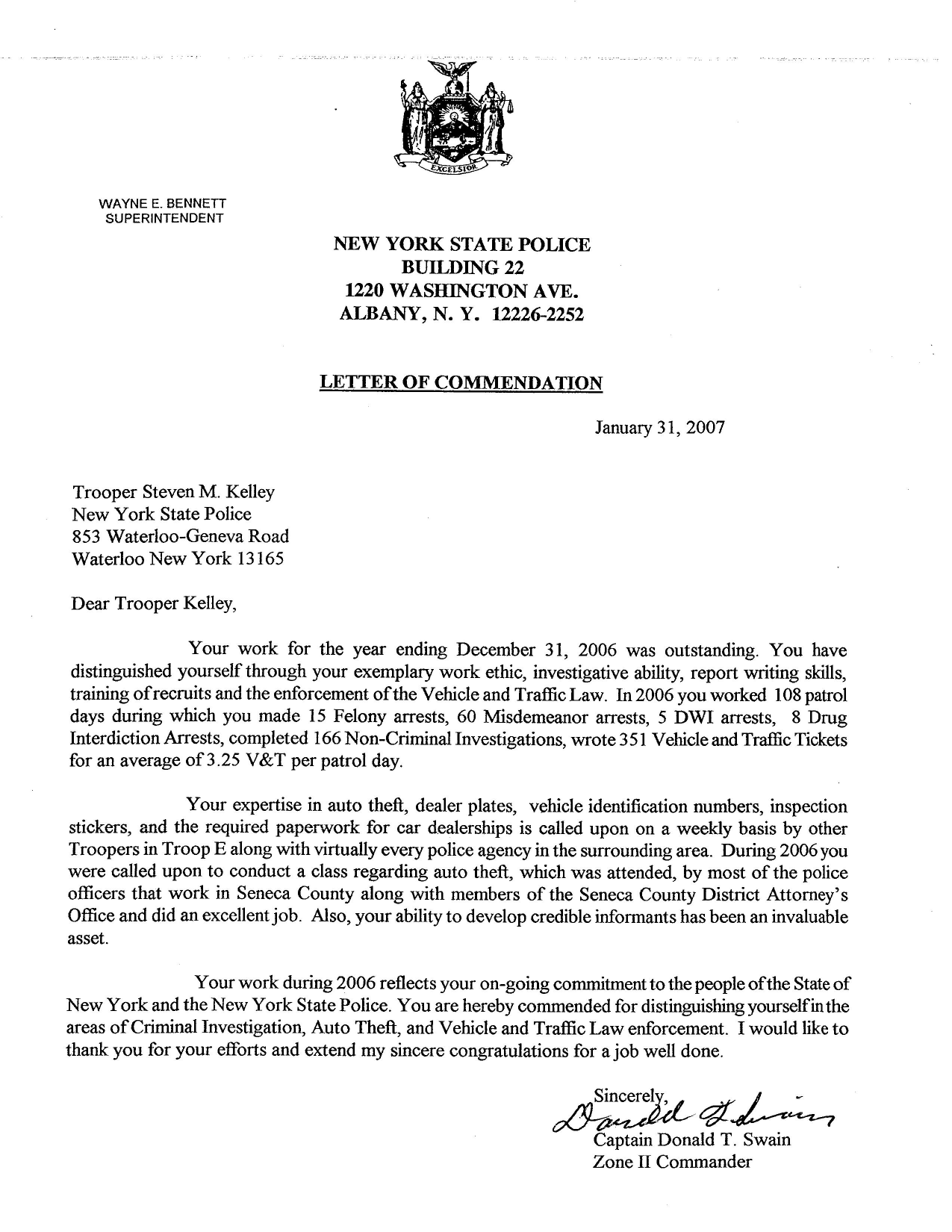 2007 New York State Police Letter of Commendation documenting Steven Kelley's 2006 performance