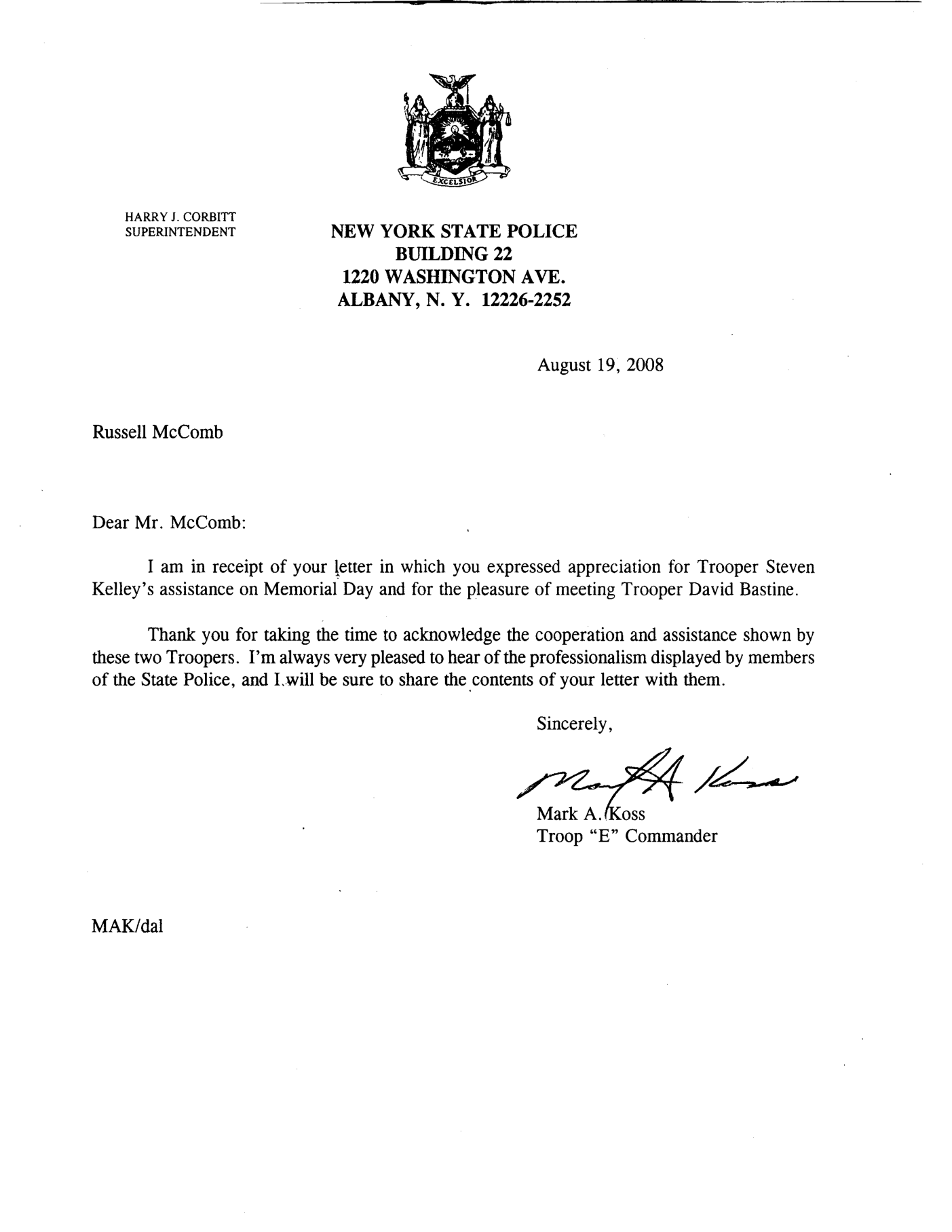 NYSP acknowledgement
