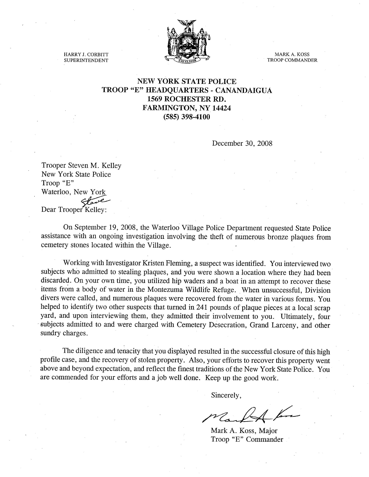 2008 New York State Police commendation regarding stolen cemetery bronze plaques
