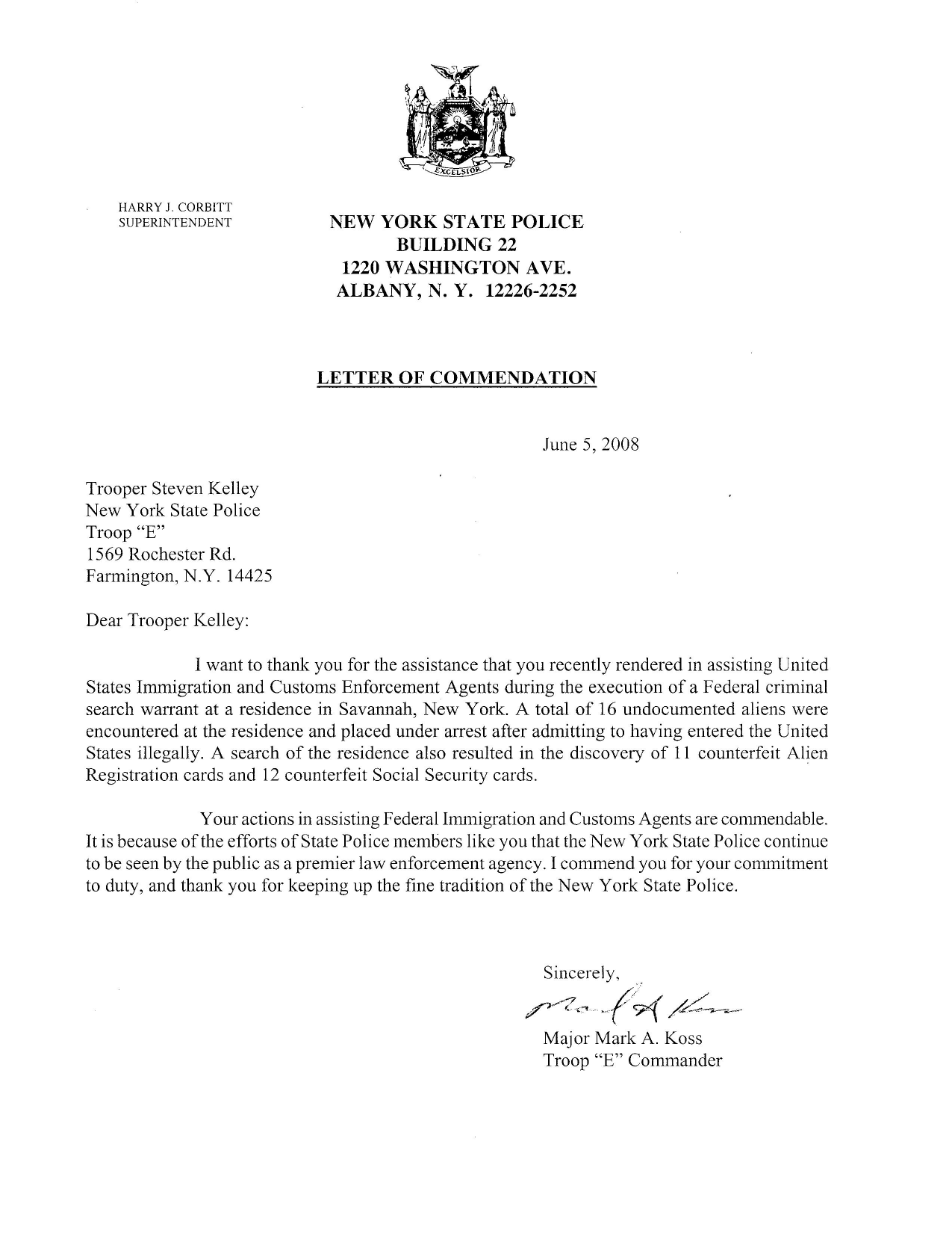 2008 New York State Police commendation for assistance to federal immigration and customs agents