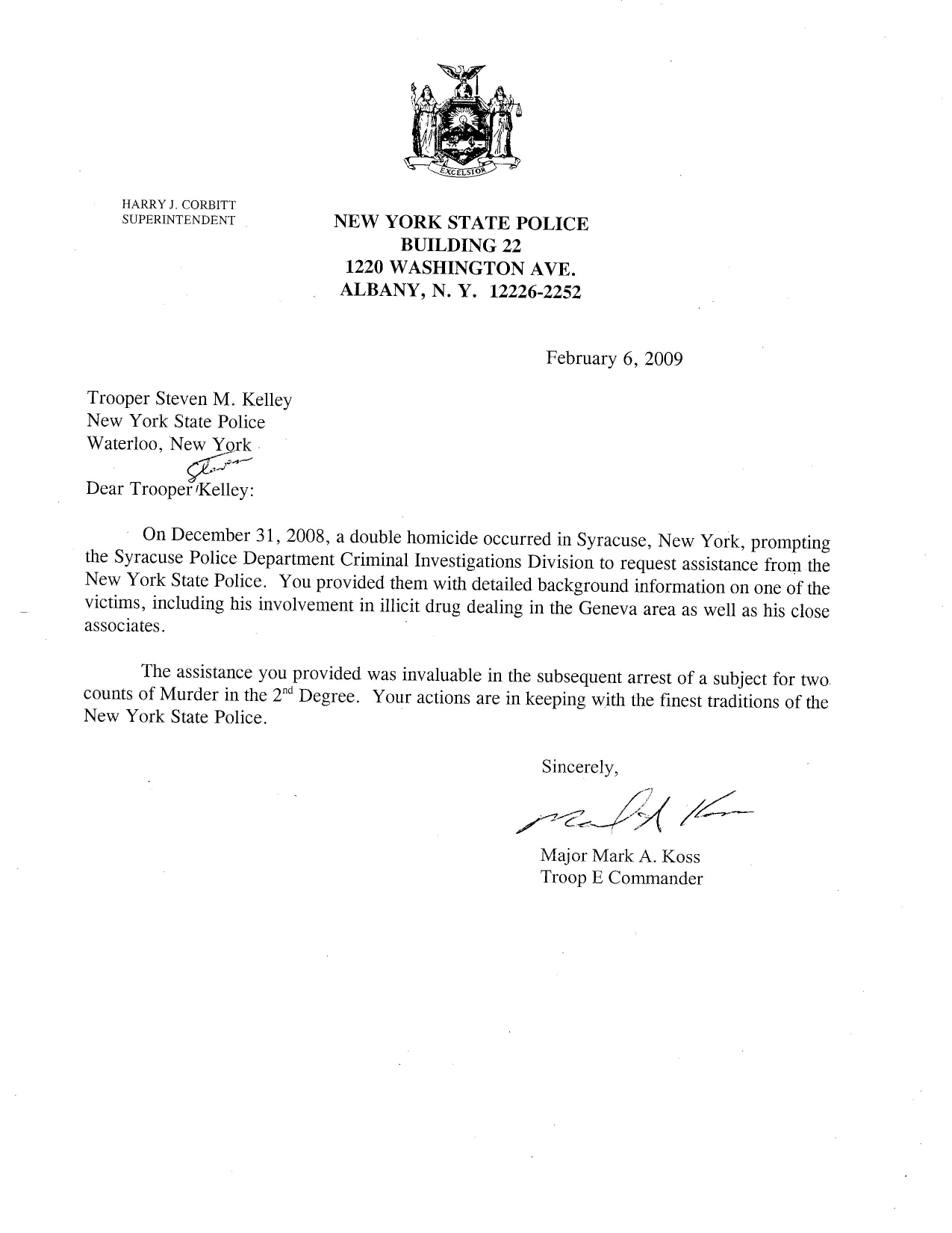 2009 New York State Police letter recognizing Steven Kelley's investigative assistance in a Syracuse double homicide