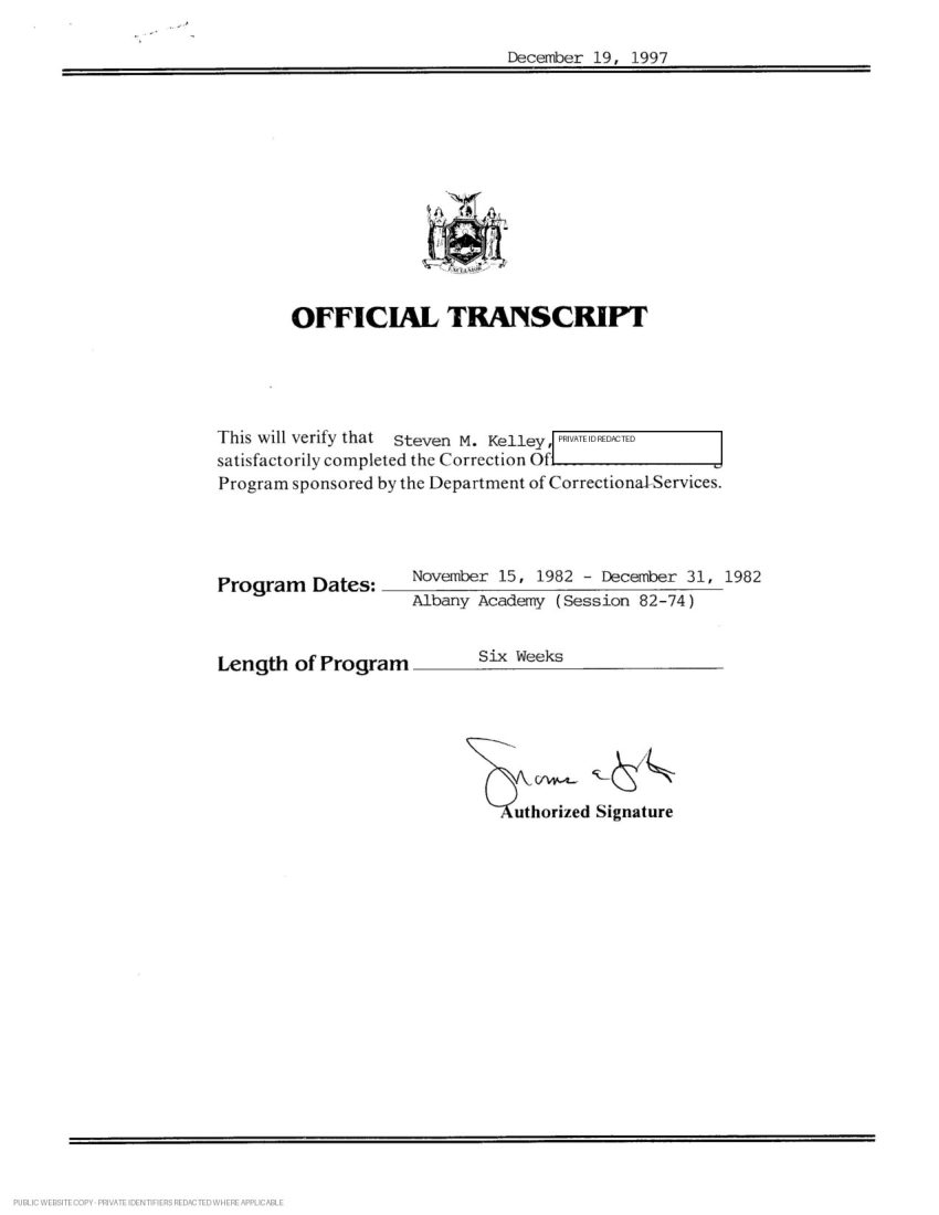 New York State Correction Officer recruit training transcript