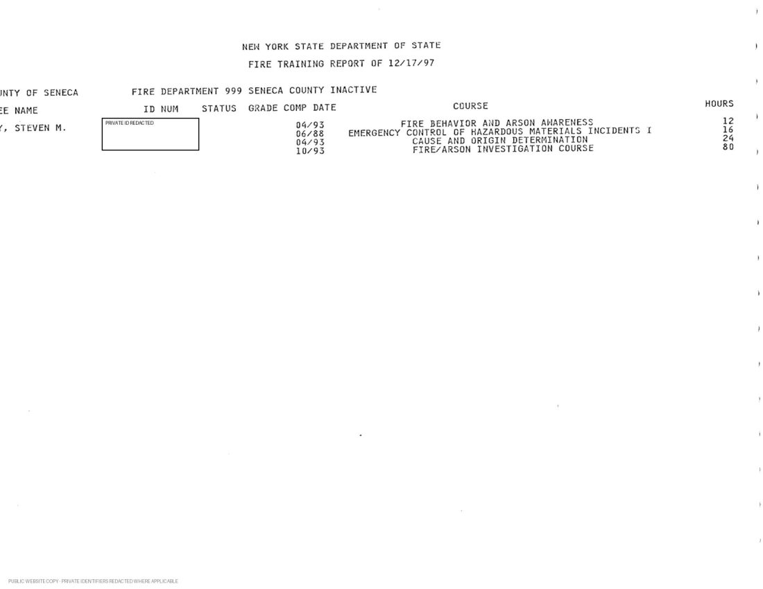 New York State fire training record documenting fire, arson and hazardous materials courses