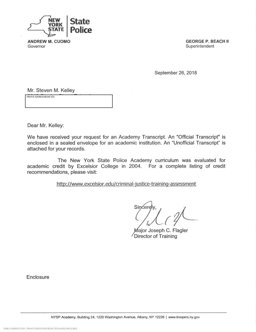 New York State Police academy and in-service transcript - page 1