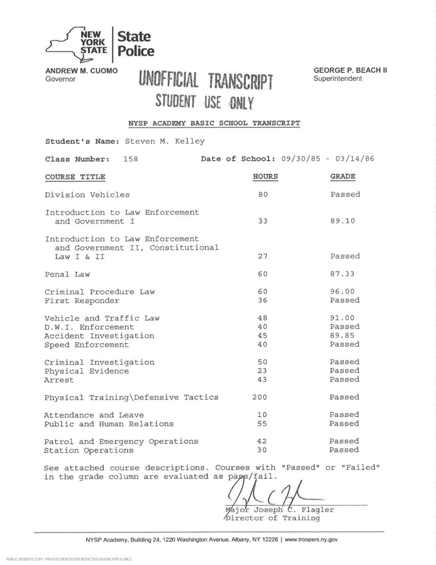 New York State Police Academy basic school transcript for Steven M. Kelley