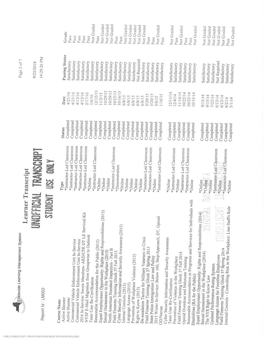 New York State Police academy and in-service transcript - page 6