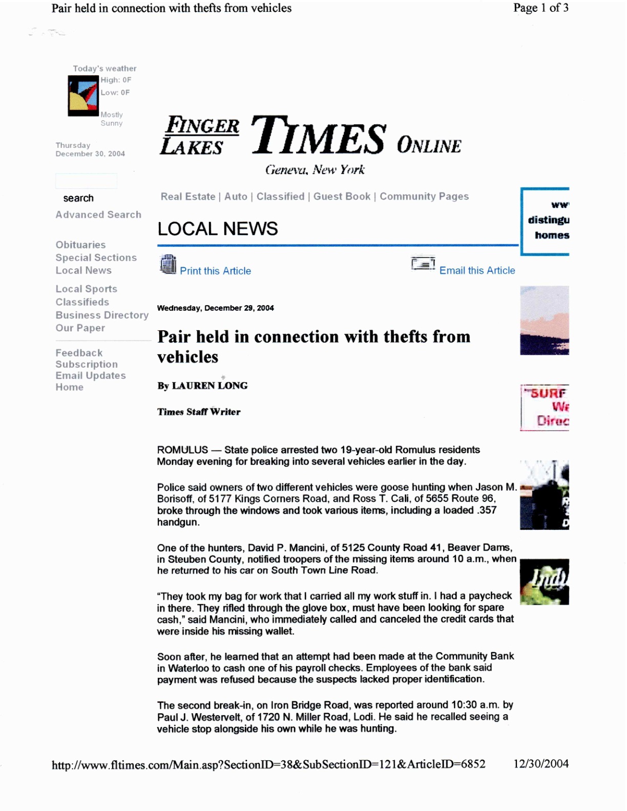 Finger Lakes Times thefts from vehicles article