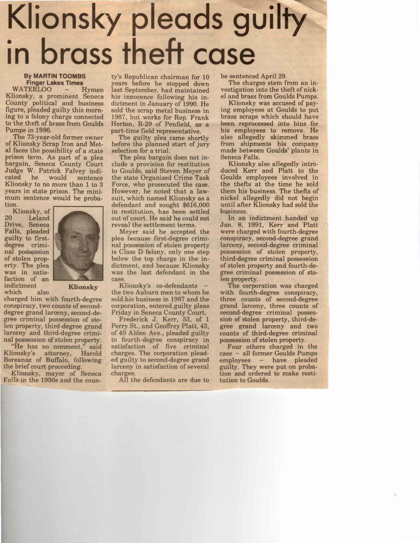 Newspaper article Klionsky pleads guilty in brass theft case