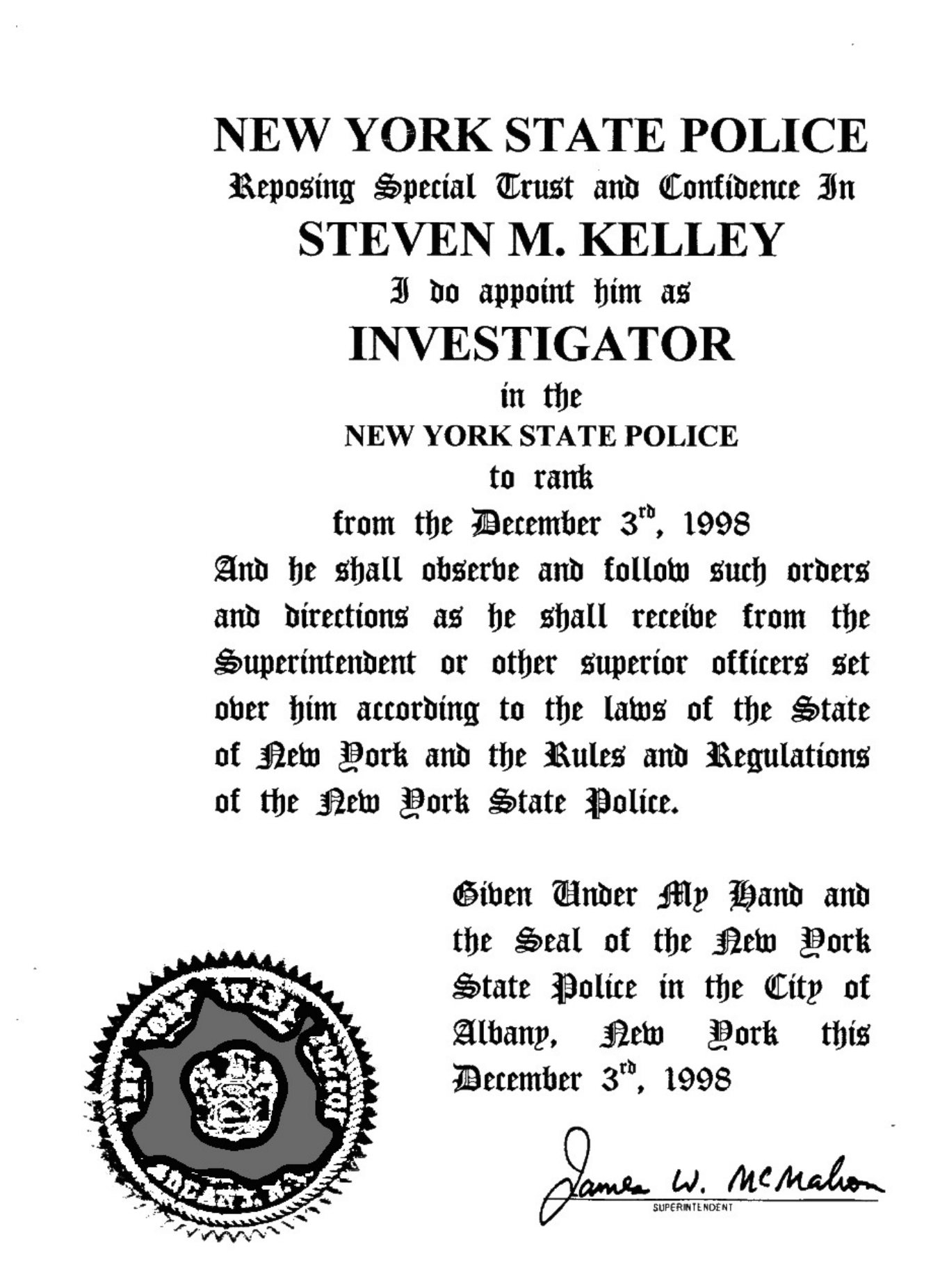 Page 16: Appointment as NYSP Investigator